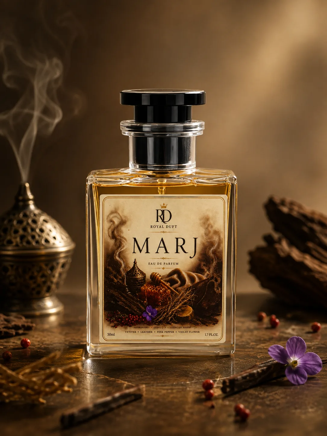 RoyalDuft MARJ Eau de Parfum unisex fragrance, 1.7 oz bottle with sweet and spicy notes of honey, vanilla, vetiver, leather, and violet flower, ideal for evening wear.