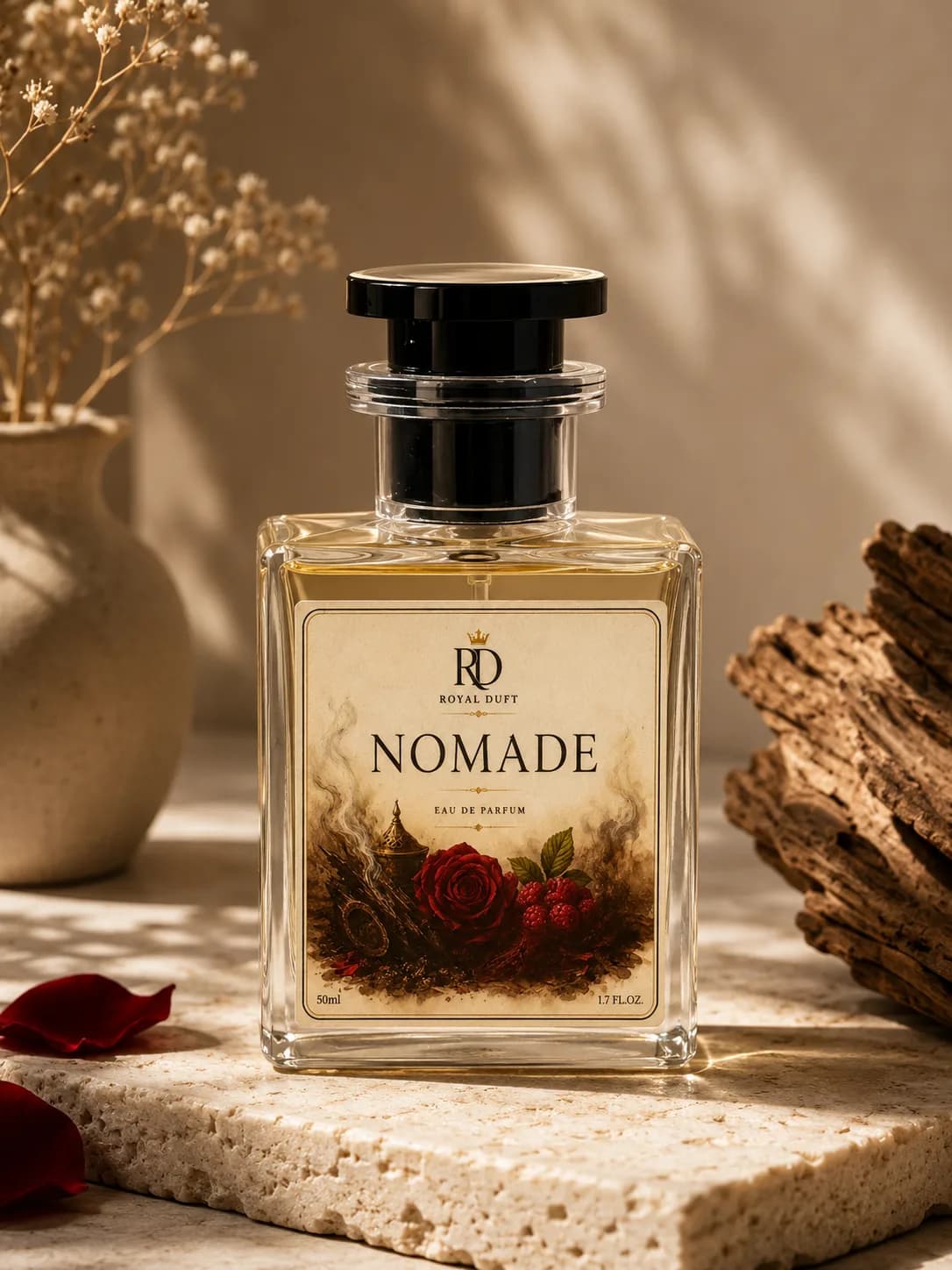 RoyalDuft Nomade Eau de Parfum, 1.7 oz bottle with elegant square glass packaging and floral label art.